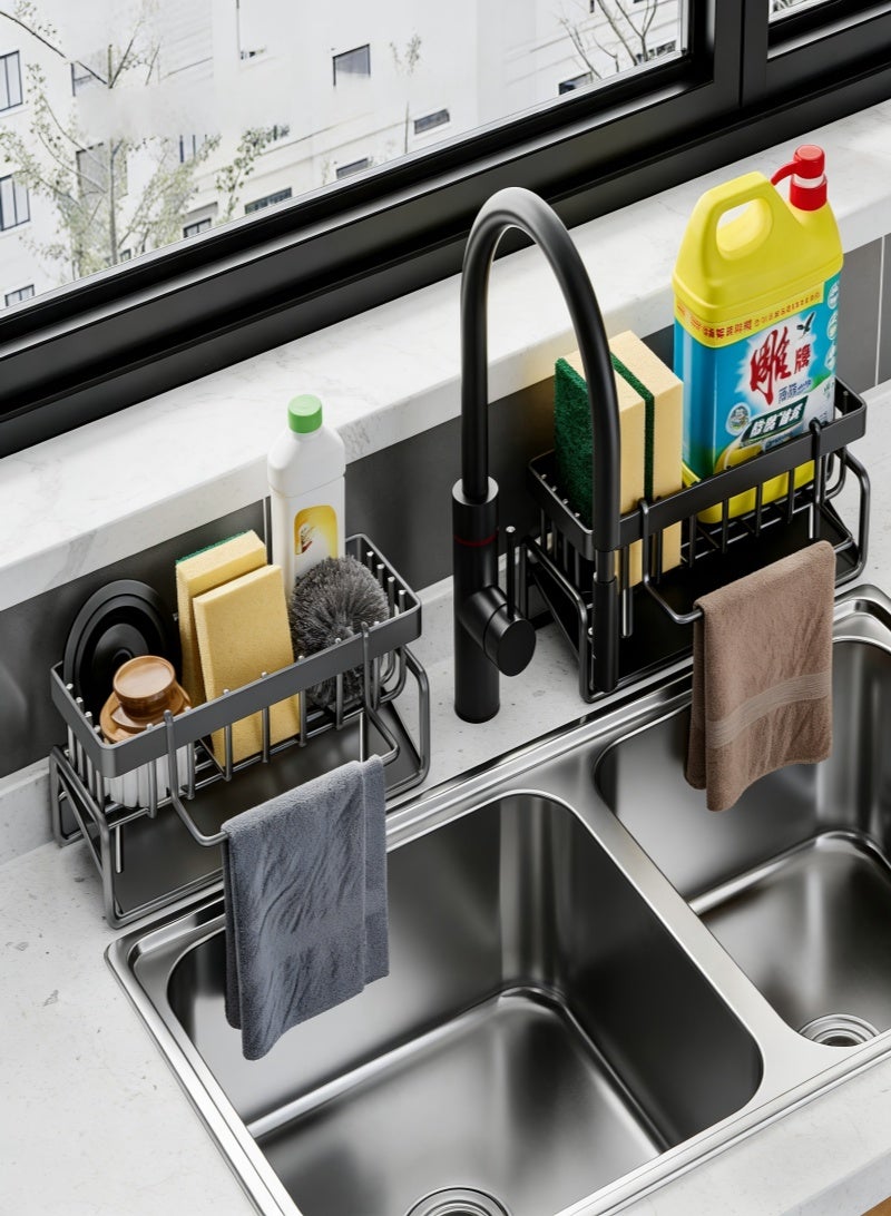 Dish Drying Rack, Kitchen Sink Storage Rack, Kitchen Sponge Holder, Rod Sink Drying Drainer Rack, Sink Caddy with Tilting Auto Drain Pan, Bathroom Storage Rack, For Bathroom and Kitchen Supplies（Gray with Removable Towel Rack） - Image 5